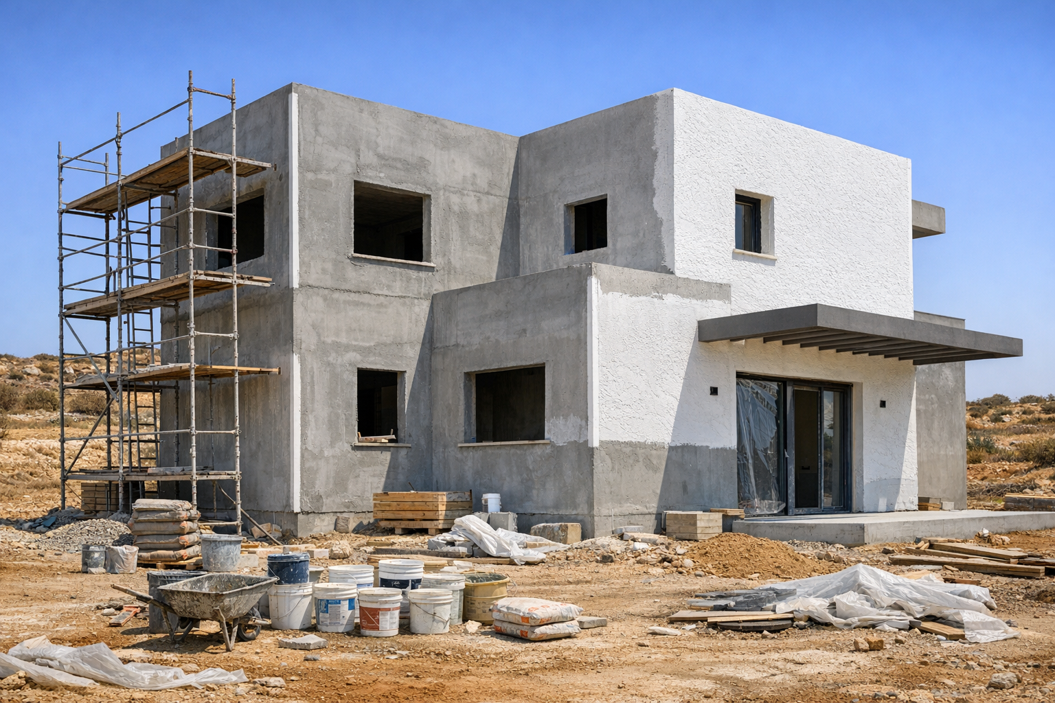 טיח חוץ לבית פרטי בבנייה עם קירות מטויחים חלקית ופיגום עבודה בחזית